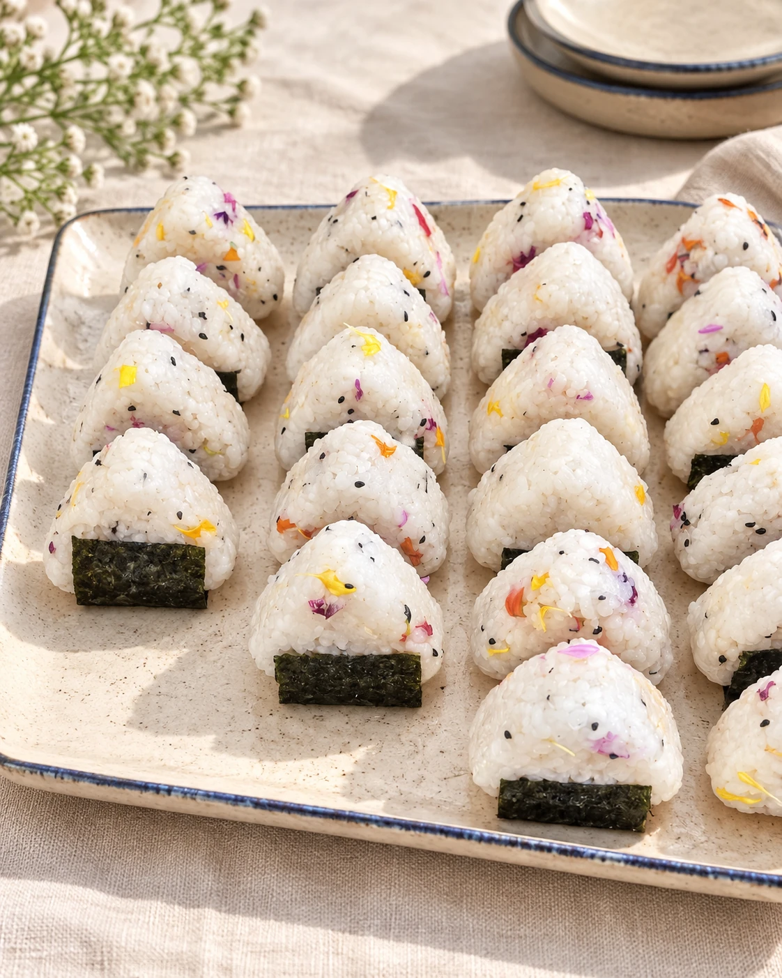 Onigiris parsemés de pétales de fleurs