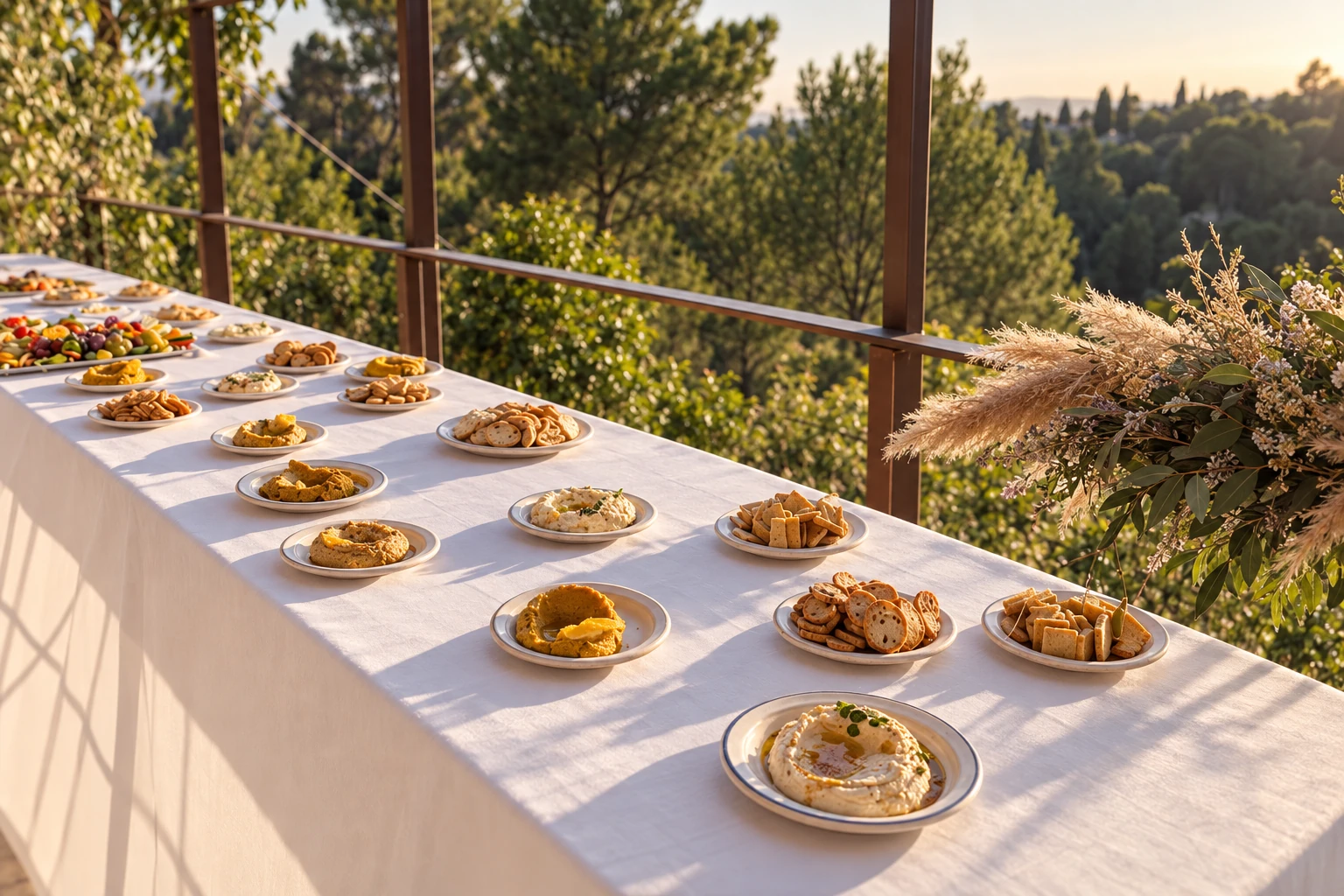 Une grande table de réception dressée au soleil, avec des plats à partager
